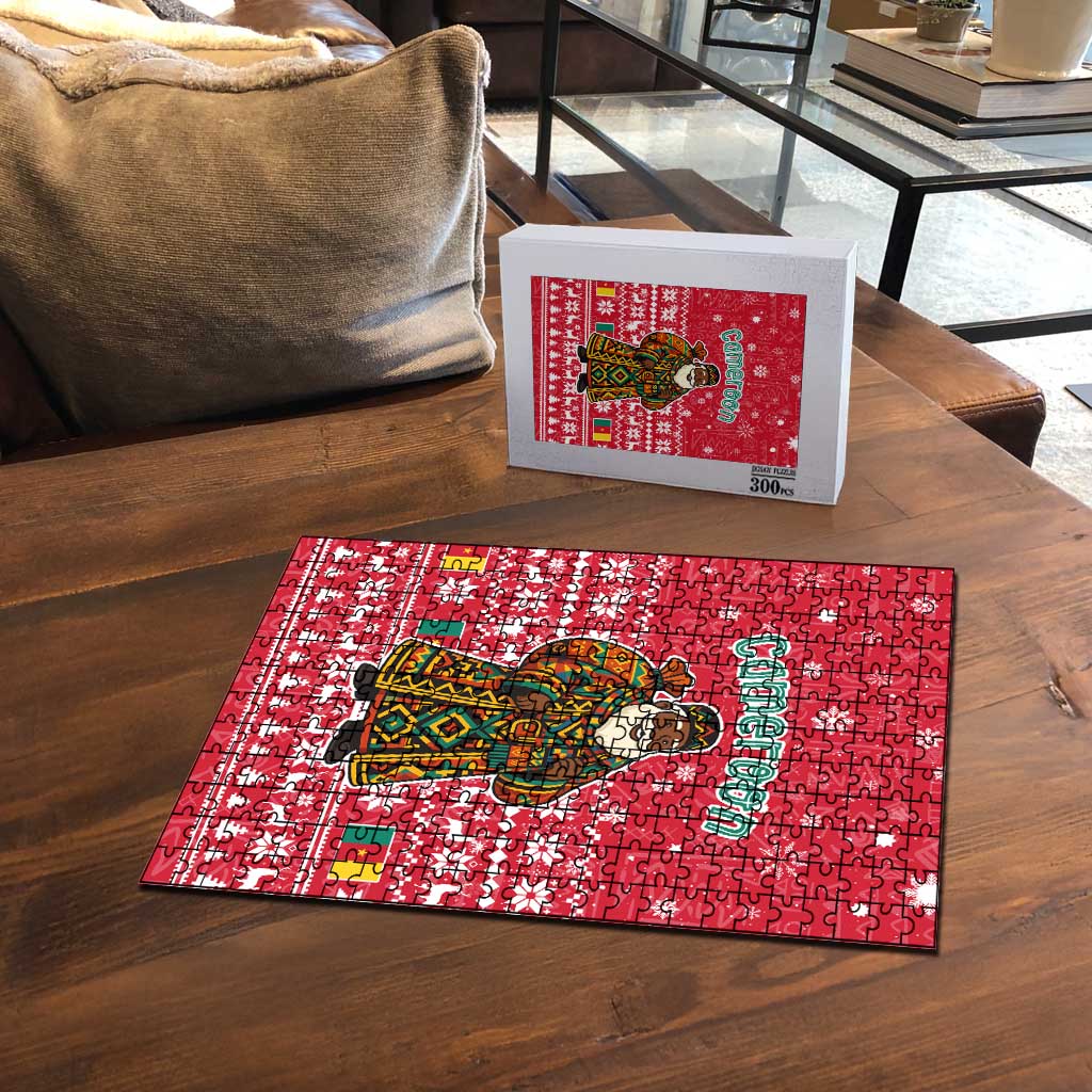 Cameroon Christmas Puzzle with Red Snowflake Pattern Traditional Santa and Map Motif - Wonder Print Shop