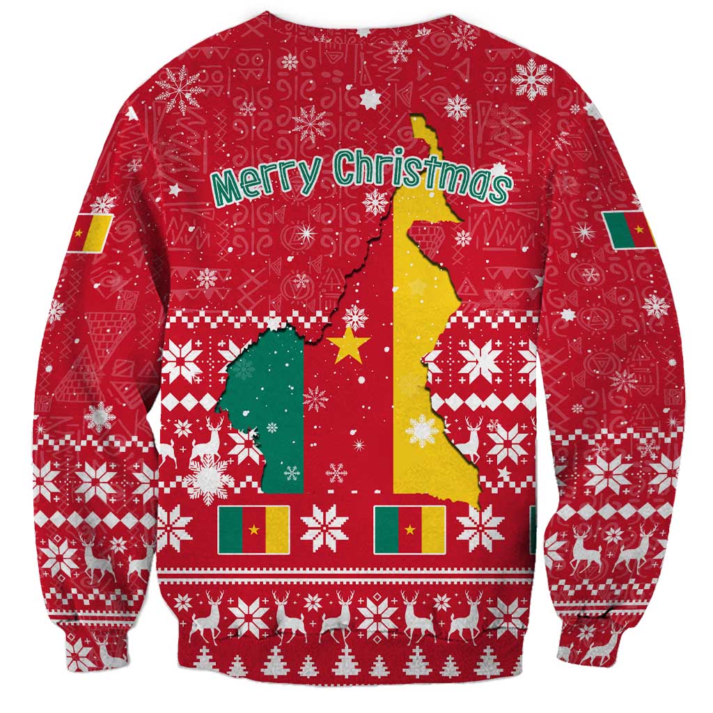 Cameroon Christmas Sweatshirt with Red Snowflake Pattern Traditional Santa and Map Motif - Wonder Print Shop