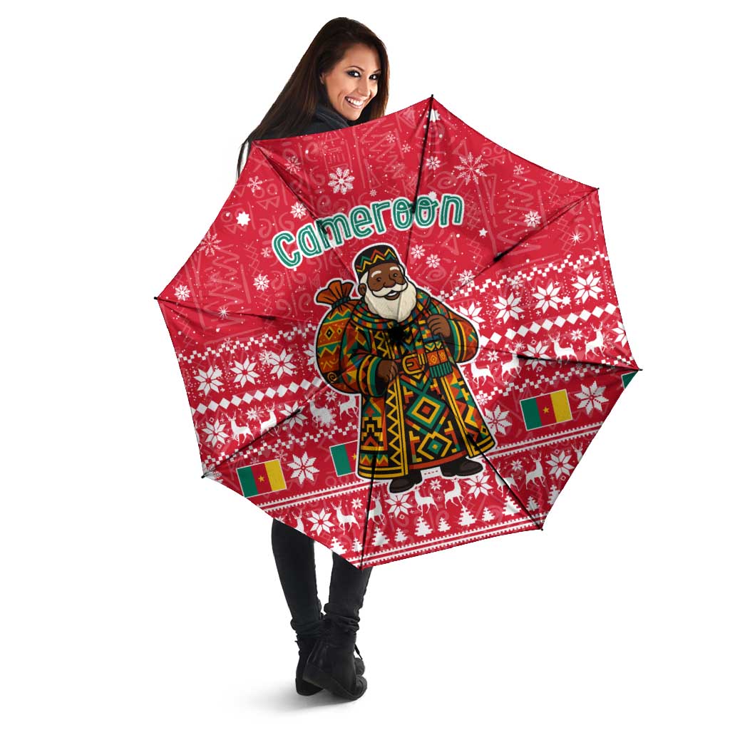 Cameroon Christmas Umbrella with Red Snowflake Pattern Traditional Santa and Map Motif - Wonder Print Shop