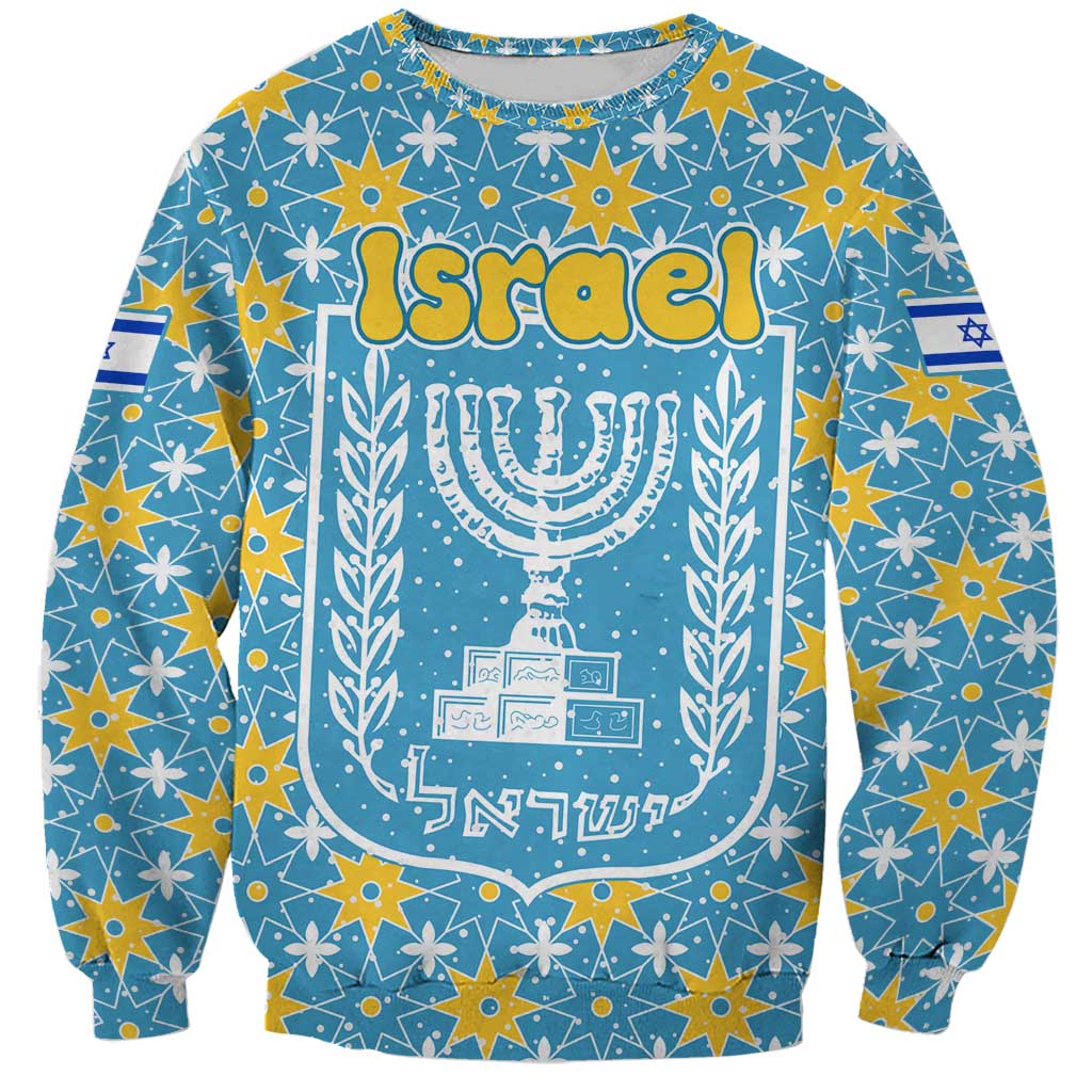 Israel Christmas Sweatshirt with Blue-Yellow Star Pattern, Menorah, and Santa Motif - Wonder Print Shop