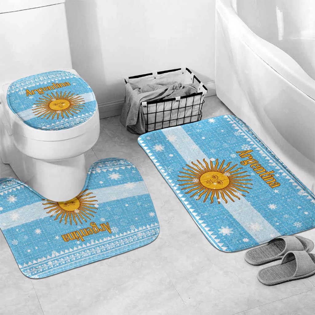Argentina Christmas Bathroom Set with Blue-White Snowflake Pattern, Sun Emblem, and Map Motif - Wonder Print Shop