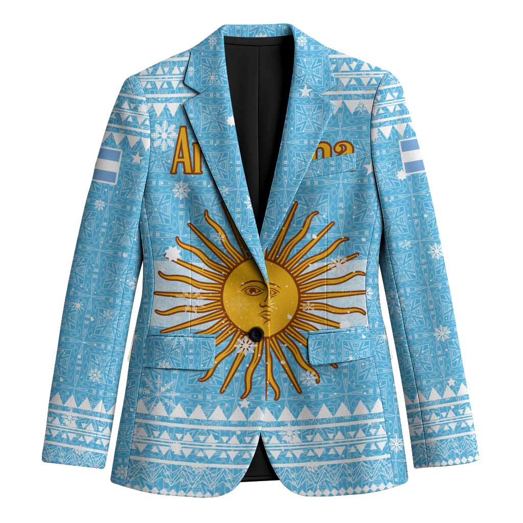 Argentina Christmas Blazer with Blue-White Snowflake Pattern, Sun Emblem, and Map Motif - Wonder Print Shop
