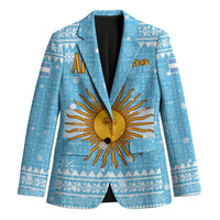 Argentina Christmas Blazer with Blue-White Snowflake Pattern, Sun Emblem, and Map Motif - Wonder Print Shop