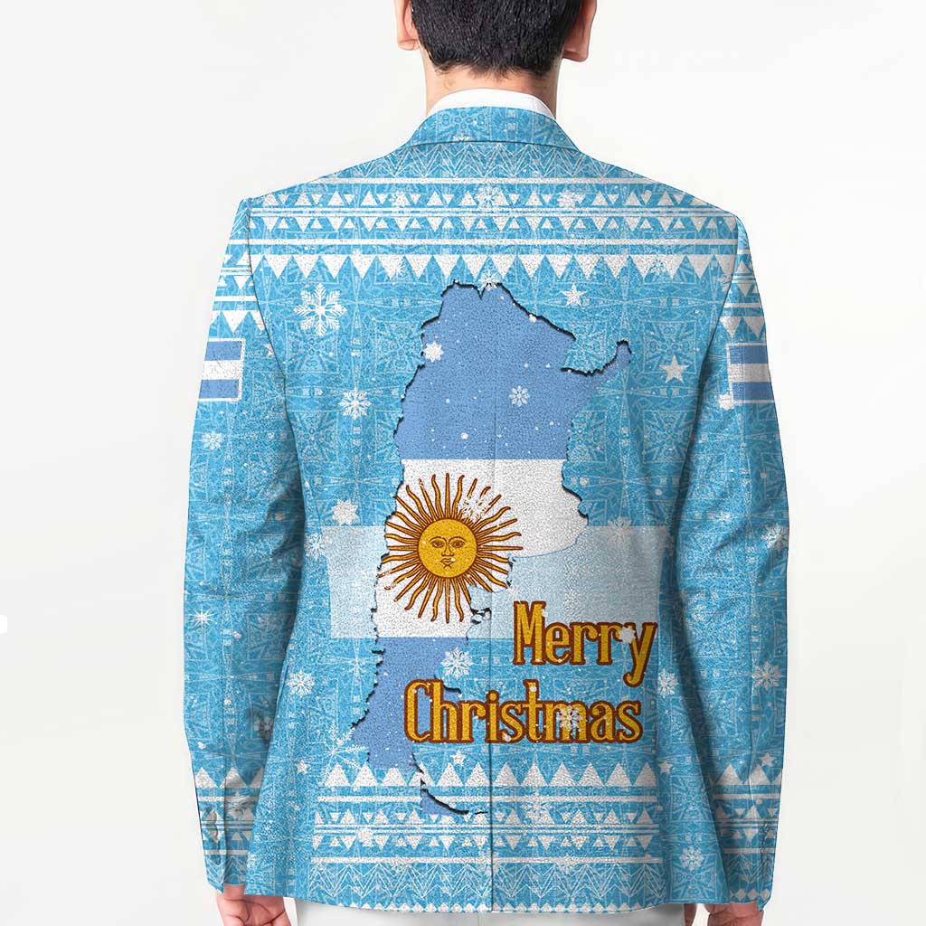 Argentina Christmas Blazer with Blue-White Snowflake Pattern, Sun Emblem, and Map Motif - Wonder Print Shop