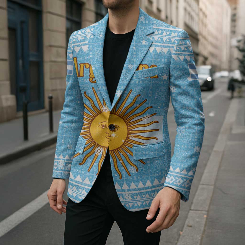 Argentina Christmas Blazer with Blue-White Snowflake Pattern, Sun Emblem, and Map Motif - Wonder Print Shop