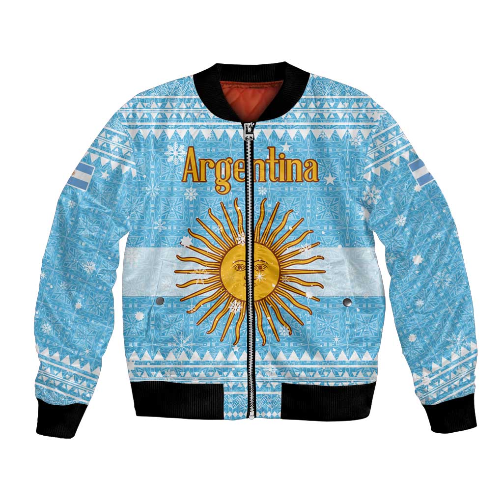 Argentina Christmas Bomber Jacket with Blue-White Snowflake Pattern, Sun Emblem, and Map Motif - Wonder Print Shop