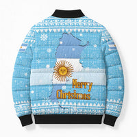 Argentina Christmas Bomber Puffer Jacket with Blue-White Snowflake Pattern, Sun Emblem, and Map Motif - Wonder Print Shop