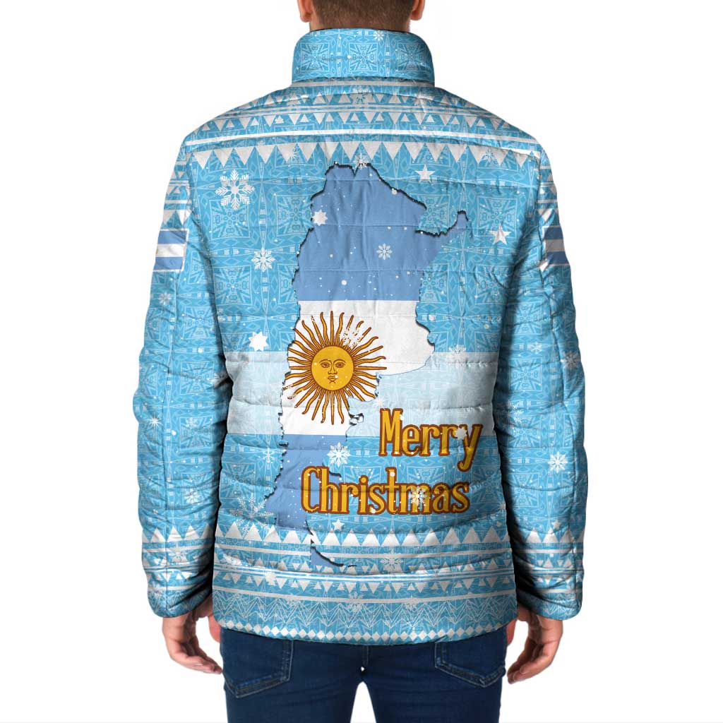 Argentina Christmas Padded Jacket with Blue-White Snowflake Pattern, Sun Emblem, and Map Motif - Wonder Print Shop