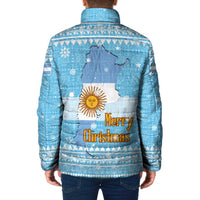 Argentina Christmas Padded Jacket with Blue-White Snowflake Pattern, Sun Emblem, and Map Motif - Wonder Print Shop