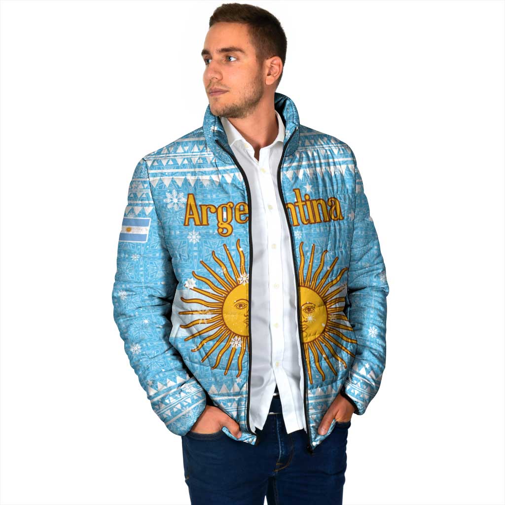 Argentina Christmas Padded Jacket with Blue-White Snowflake Pattern, Sun Emblem, and Map Motif - Wonder Print Shop
