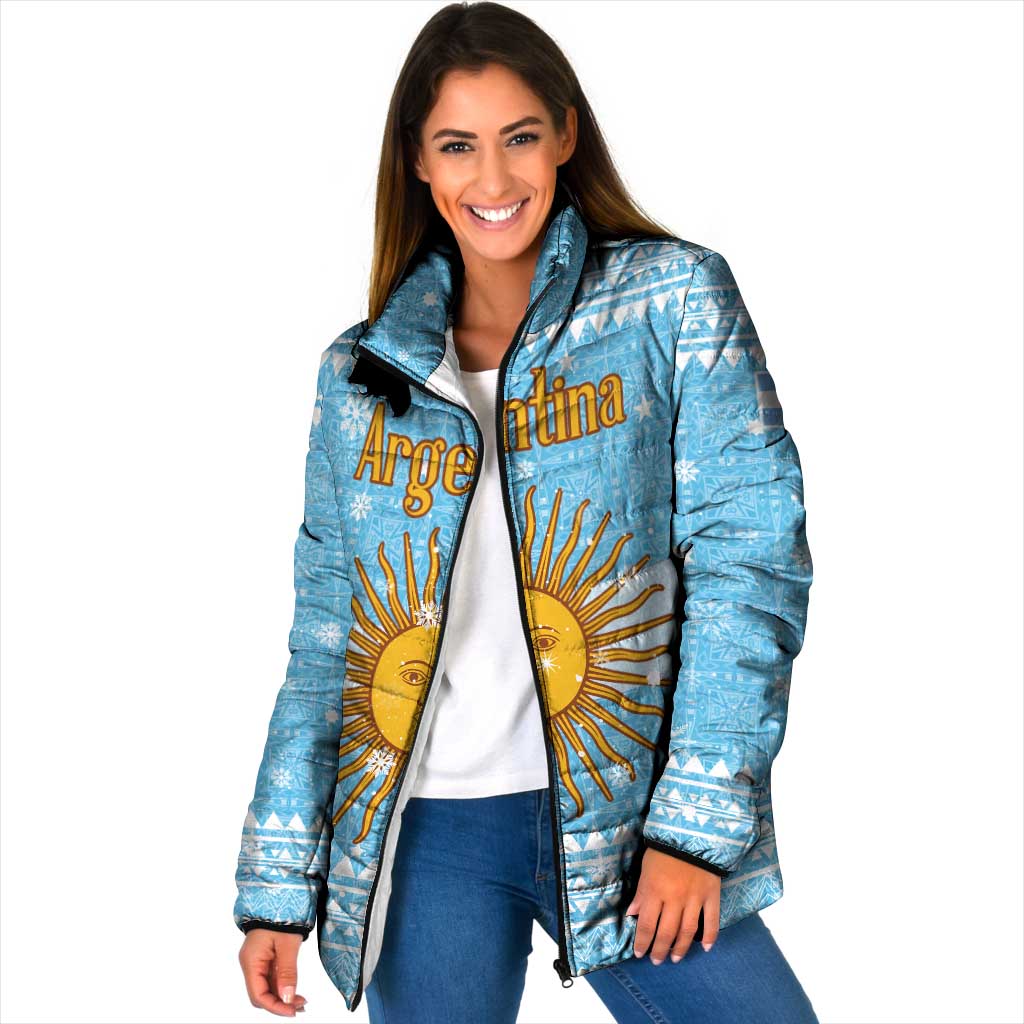 Argentina Christmas Padded Jacket with Blue-White Snowflake Pattern, Sun Emblem, and Map Motif - Wonder Print Shop