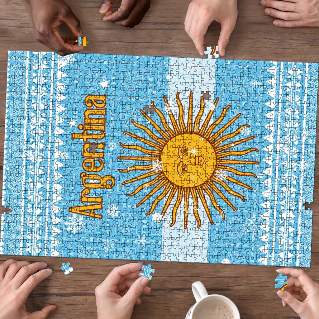 Argentina Christmas Puzzle with Blue-White Snowflake Pattern, Sun Emblem, and Map Motif - Wonder Print Shop