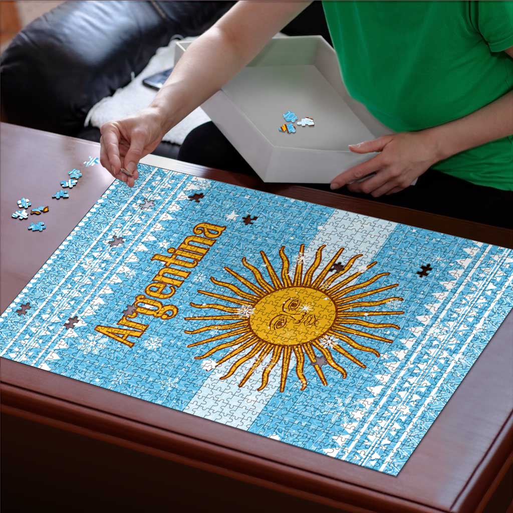 Argentina Christmas Puzzle with Blue-White Snowflake Pattern, Sun Emblem, and Map Motif - Wonder Print Shop