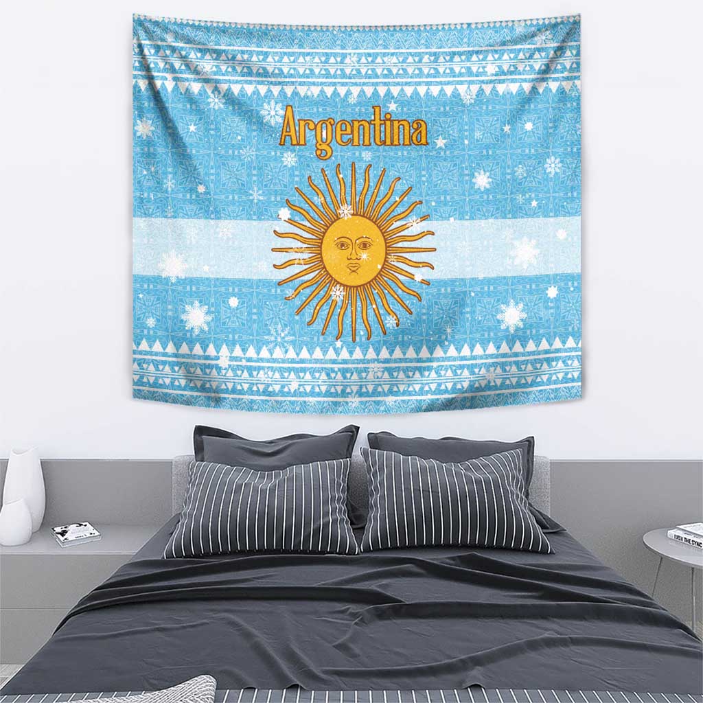 Argentina Christmas Tapestry with Blue-White Snowflake Pattern, Sun Emblem, and Map Motif - Wonder Print Shop