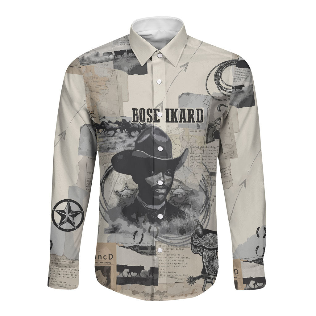 Bose Ikard Black Cowboy Long Sleeve Button Shirt Vintage Newspaper Collage Old West African American History Art