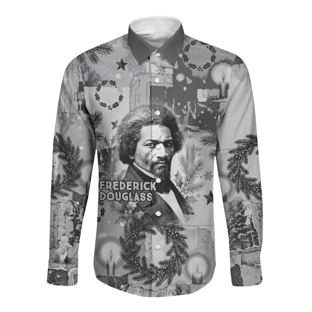 Frederick Douglass Christmas Long Sleeve Button Shirt Vintage Portrait Vintage Newspaper Collage Liberty Bell