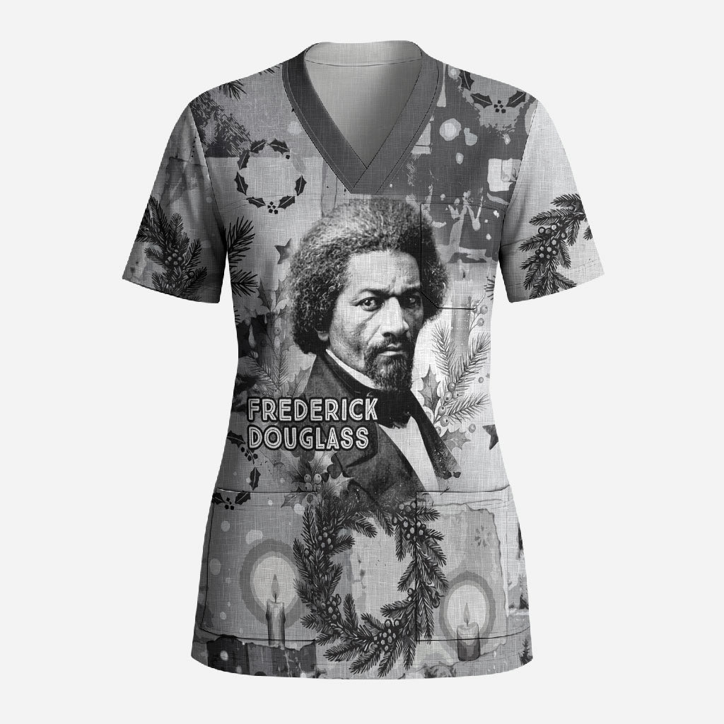 Frederick Douglass Christmas Scrub Top Vintage Portrait Vintage Newspaper Collage Liberty Bell