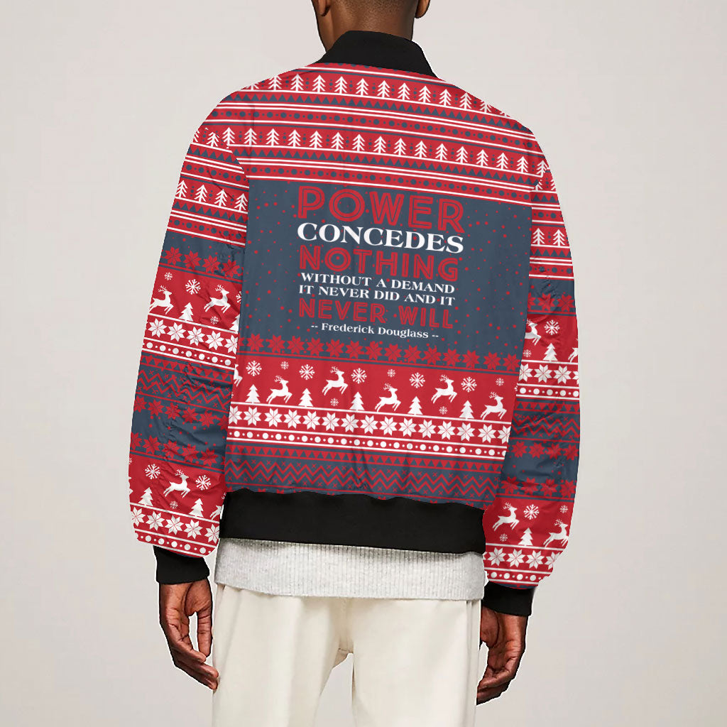 Frederick Douglass Christmas Bomber Jacket Power Concedes Nothing Quote Ugly Sweater Knitted Pattern