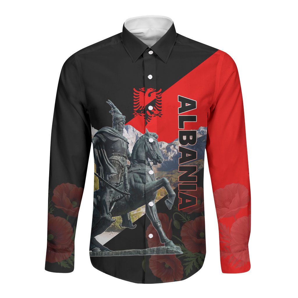 Albania Independence Day Skanderbeg Long Sleeve Button Shirt Patriotic Double Headed Eagle And Poppy Flowers