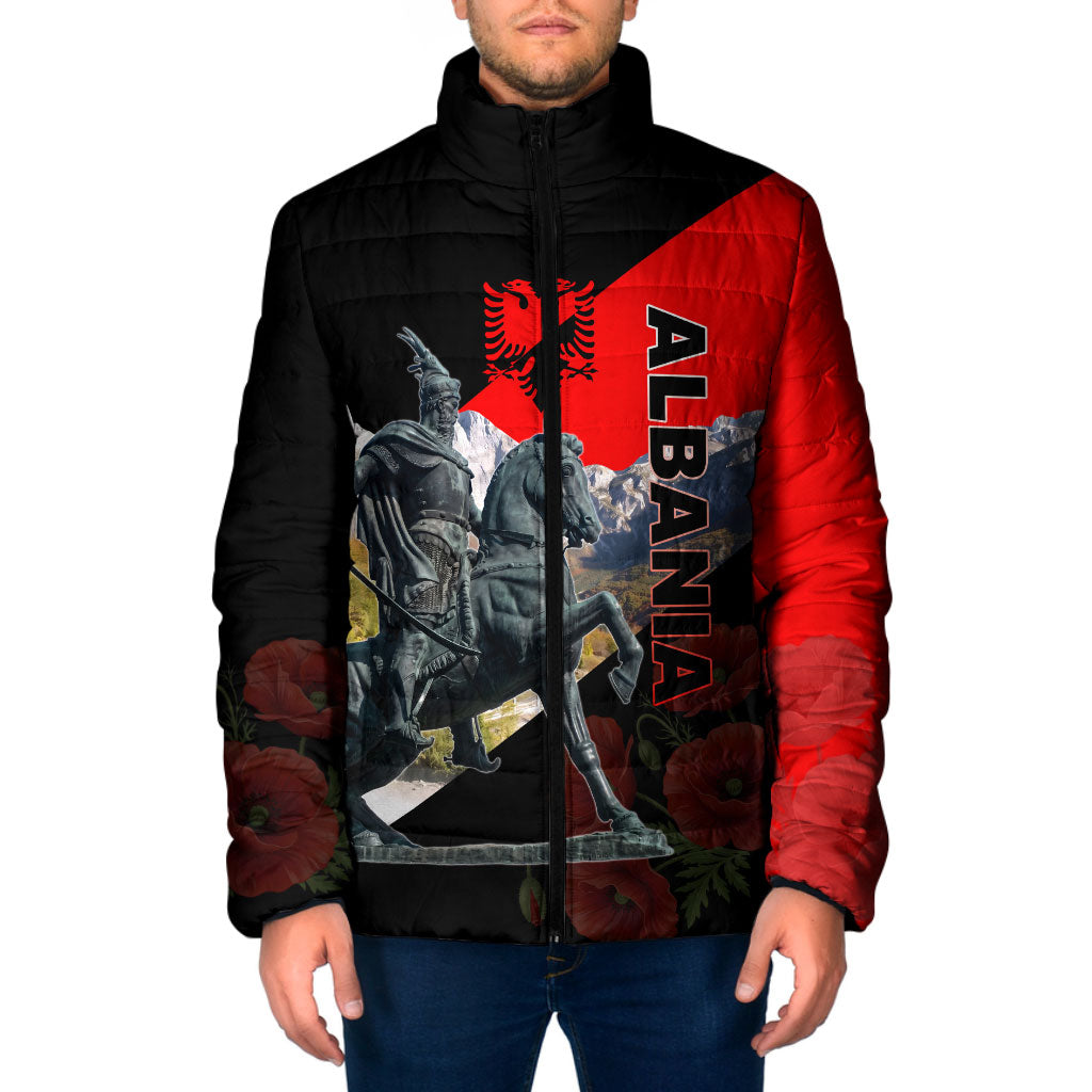 Albania Independence Day Skanderbeg Padded Jacket Patriotic Double Headed Eagle And Poppy Flowers