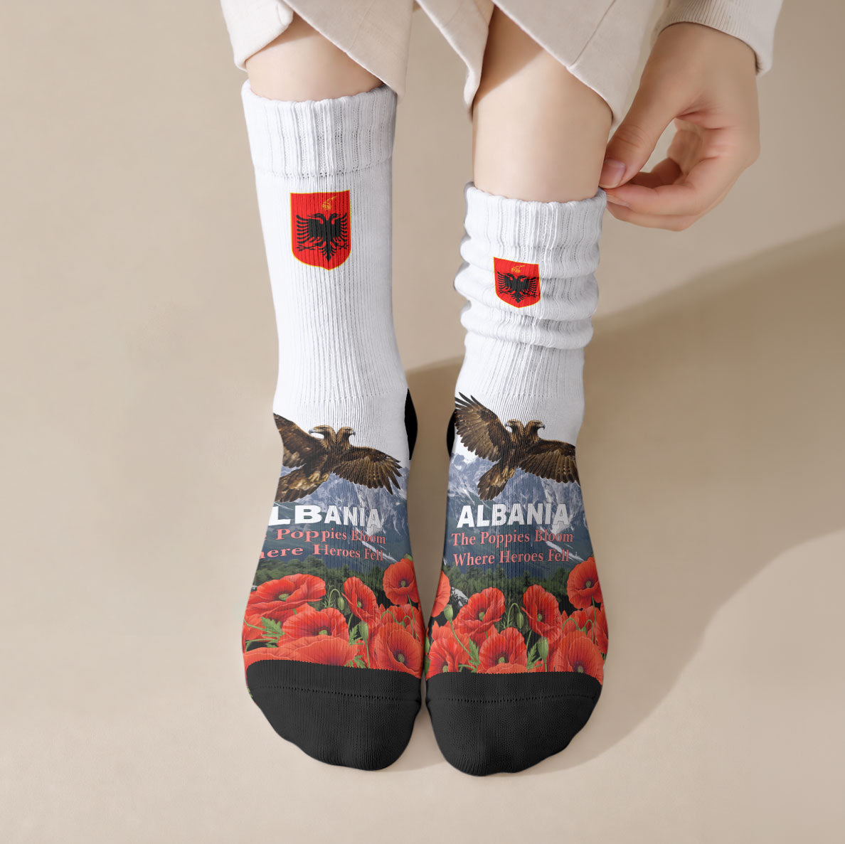 Albania Independence Day Eagle Crew Socks Patriotic Mountain Landscape And Red Poppies