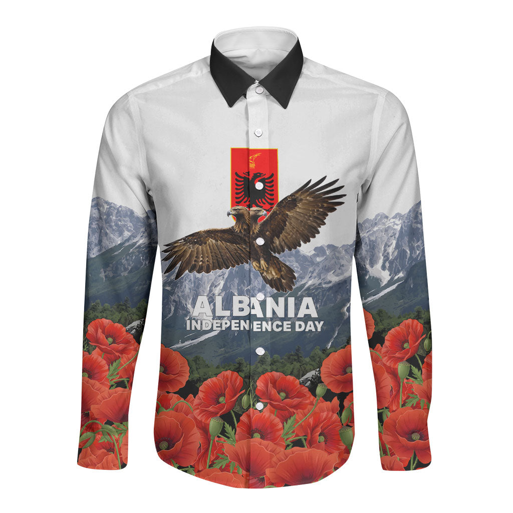 Albania Independence Day Eagle Long Sleeve Button Shirt Patriotic Mountain Landscape And Red Poppies