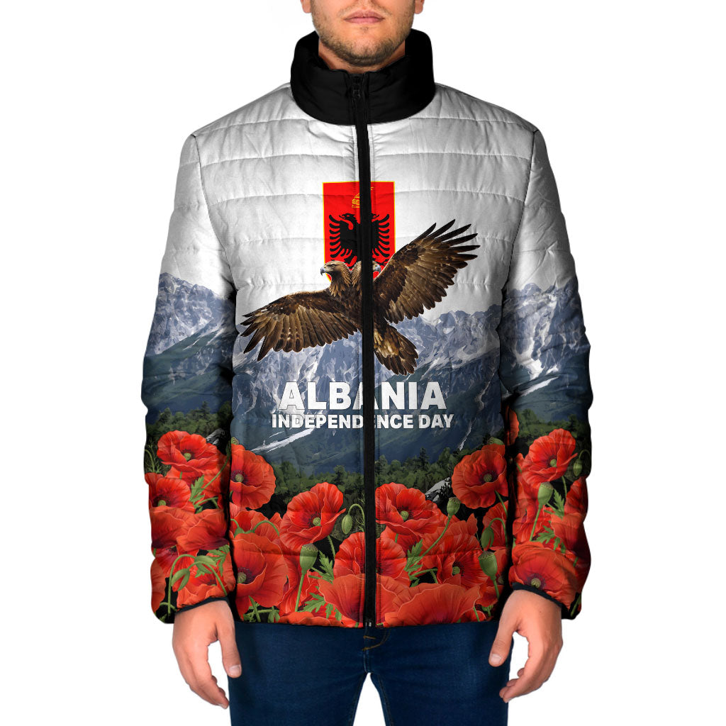 Albania Independence Day Eagle Padded Jacket Patriotic Mountain Landscape And Red Poppies