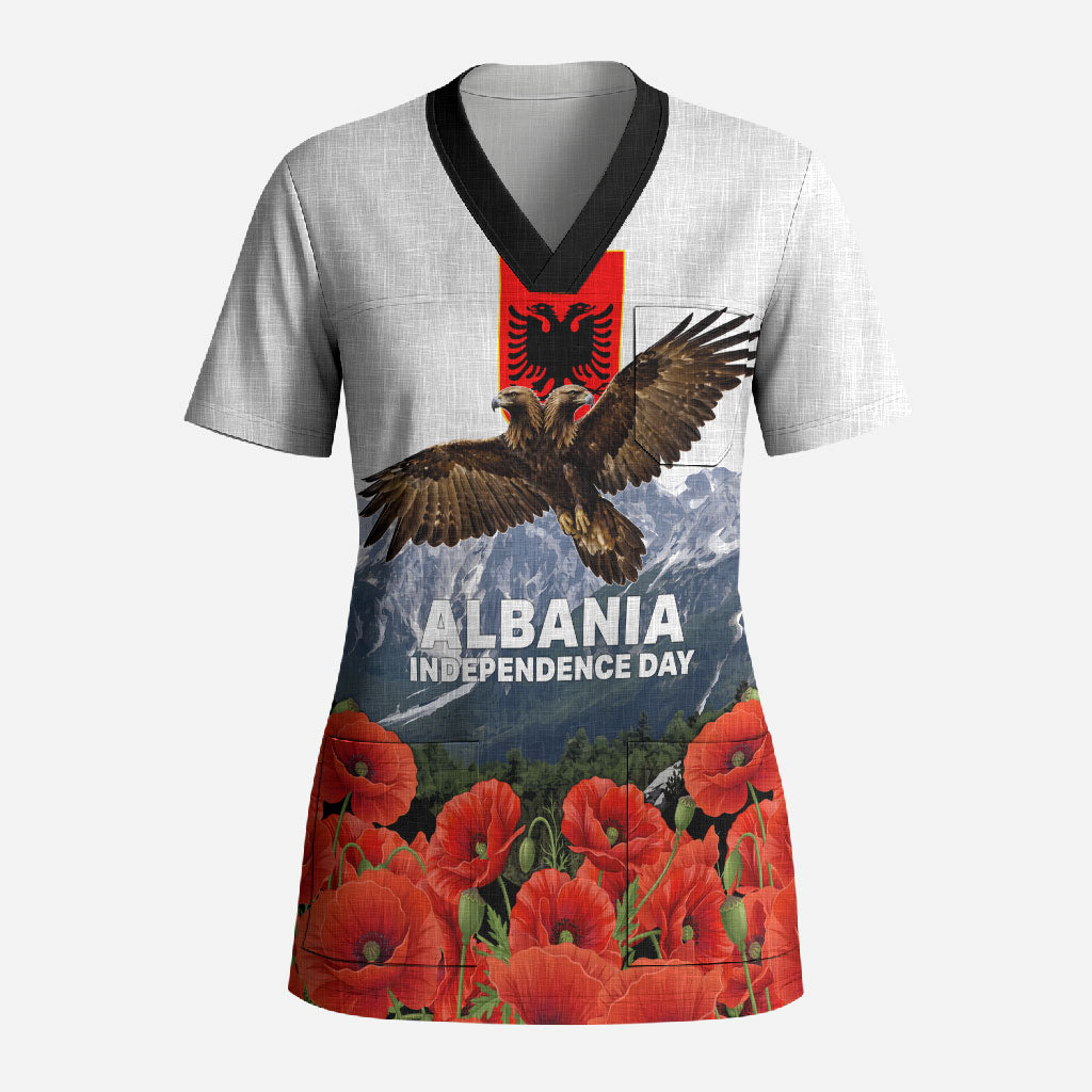 Albania Independence Day Eagle Scrub Top Patriotic Mountain Landscape And Red Poppies