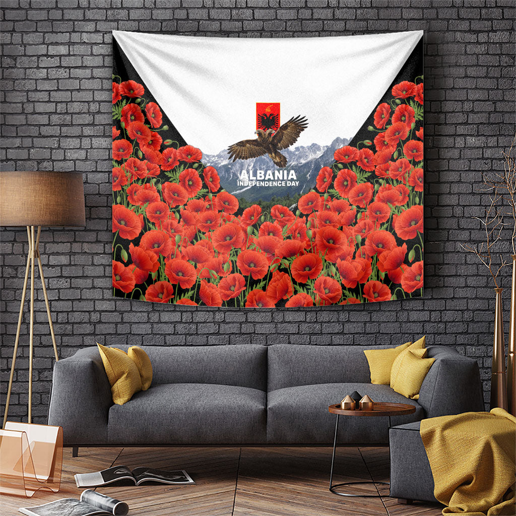 Albania Independence Day Eagle Tapestry Patriotic Mountain Landscape And Red Poppies