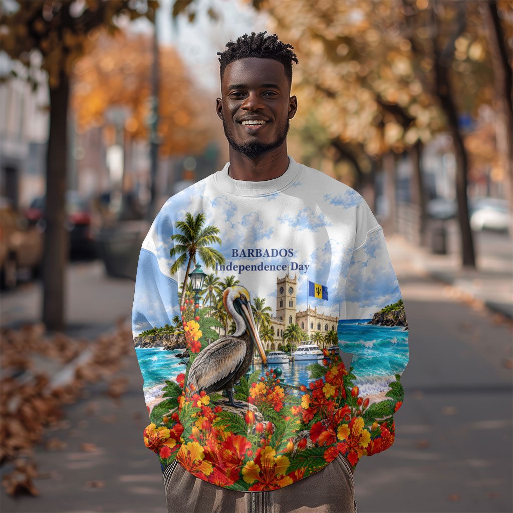 Barbados Independence Day Pelican Sweatshirt Patriotic Tropical Island Scenery And Exotic Flowers