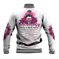 Light gray varsity baseball jacket with pink rose graphic and large back text