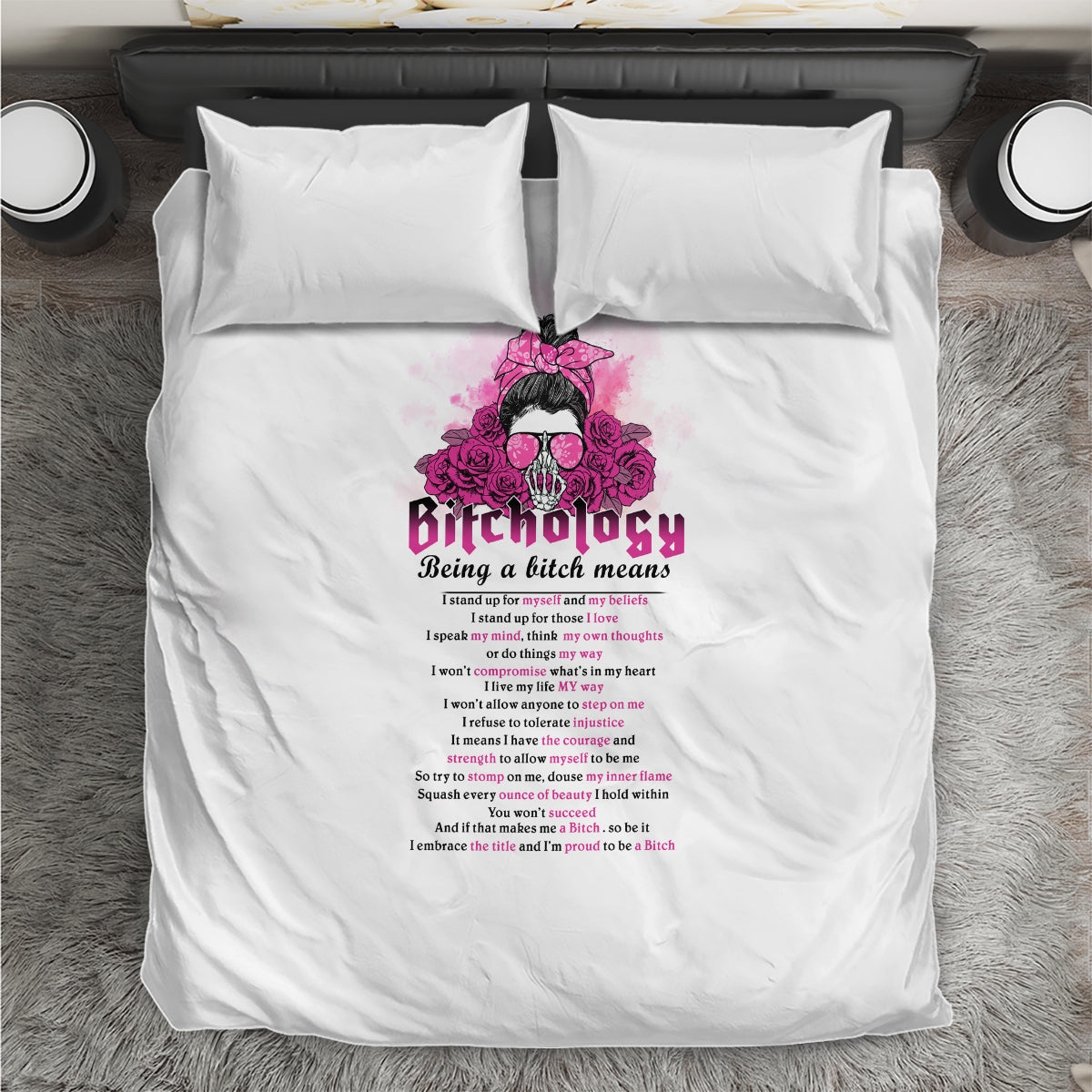 White duvet cover bedding set with pink floral skull text graphic, two square pillowcases