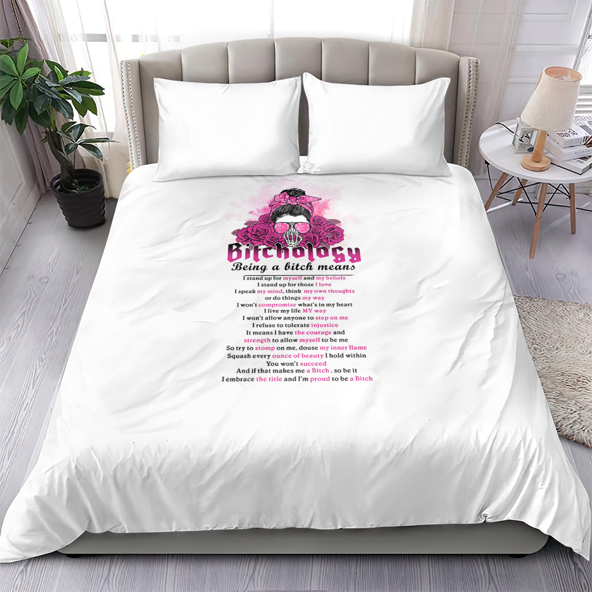 White duvet cover bedding set with pink floral skull graphic and matching pillowcases