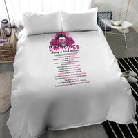 White duvet cover bedding set with pink floral skull logo and text, with two pillowcases