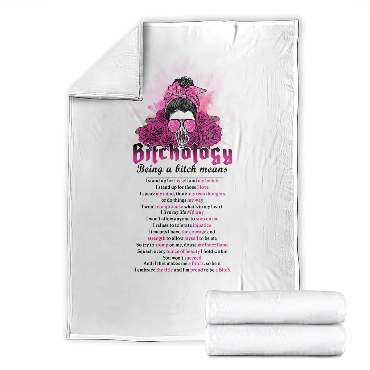 Folded white throw blanket set, featuring pink graphic and slogan text
