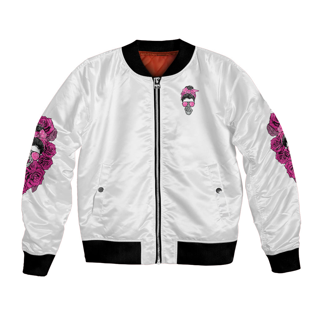 White bomber jacket with front zipper, purple rose patches, ribbed collar and cuffs