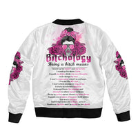 White bomber jacket with purple rose graphic and back text, ribbed cuffs and hem