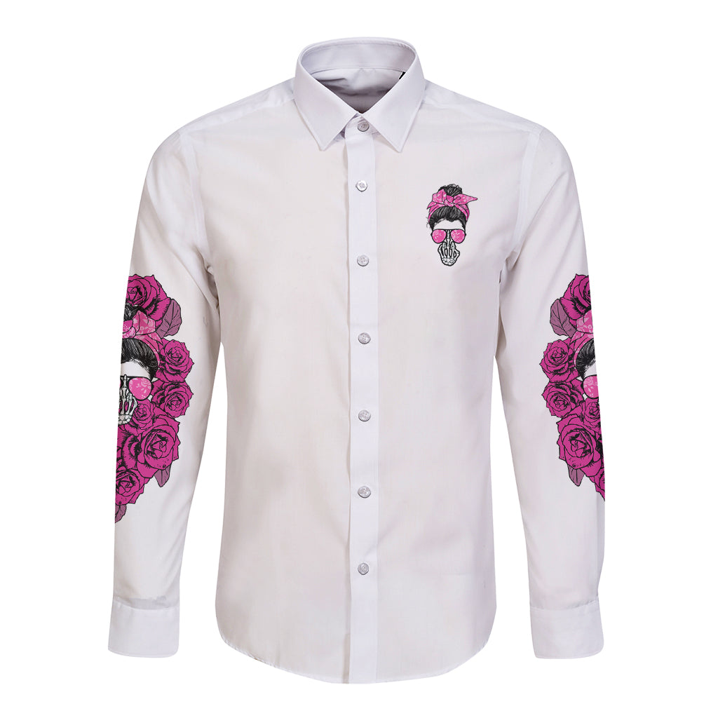 White long-sleeve button shirt with pink rose sleeve prints and small chest skull graphic