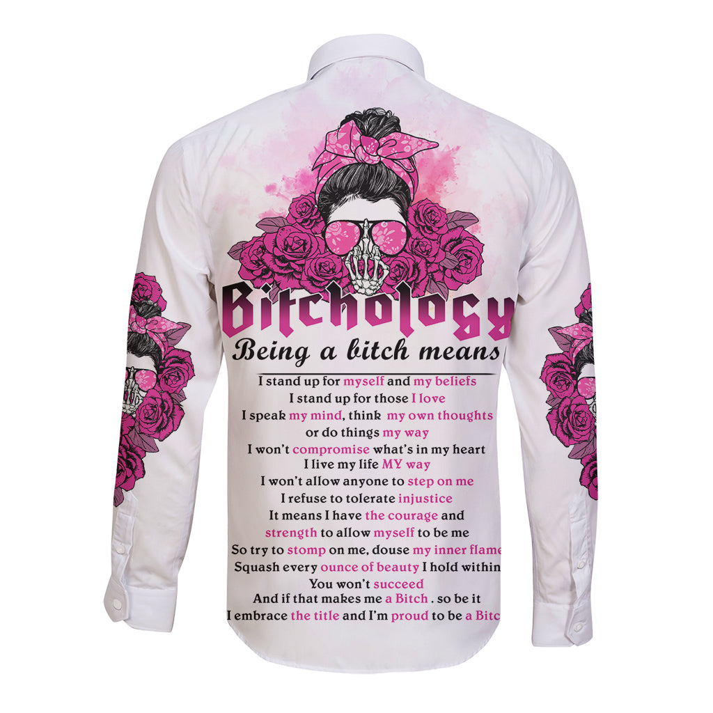 White long-sleeve button shirt with pink rose and skull back graphic and lyrics text