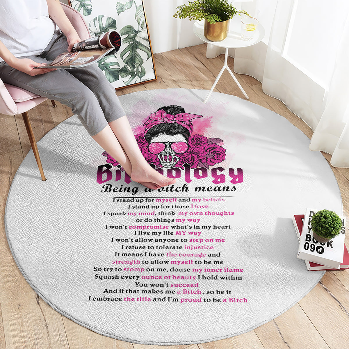 Round gray statement rug with pink skull and rose graphic