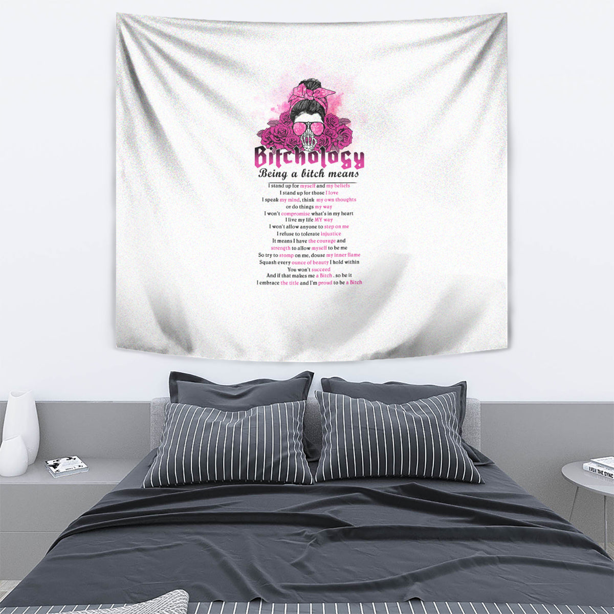 Wall-hanging decorative tapestry with white background and pink “Bitchology” graphic