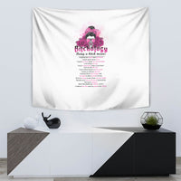 Rectangular tapestry with white cloth and centered pink “Bitchology” design