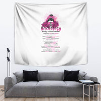 Decorative tapestry with white base and pink “Bitchology” graphic and quote text