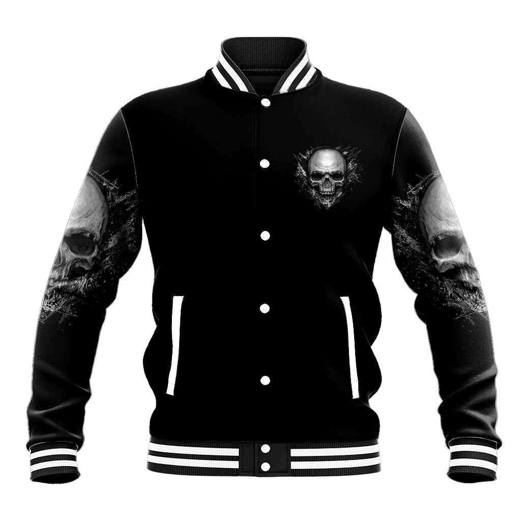 Black button-up baseball jacket with striped ribbed trim and skull graphic sleeves