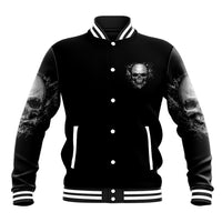 Black button-up baseball jacket with striped ribbed trim and skull graphic sleeves
