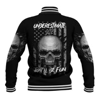 Black baseball jacket with striped ribbed collar, skull graphic and bold text on back