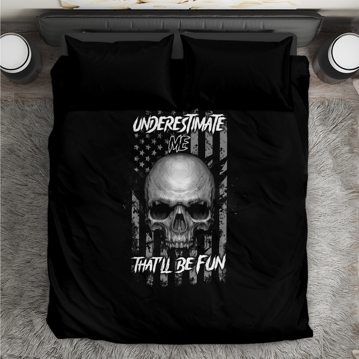 Black duvet and pillowcases with central skull graphic and “THAT’LL BE FUN”