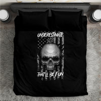 Black duvet and pillowcases with central skull graphic and “THAT’LL BE FUN”