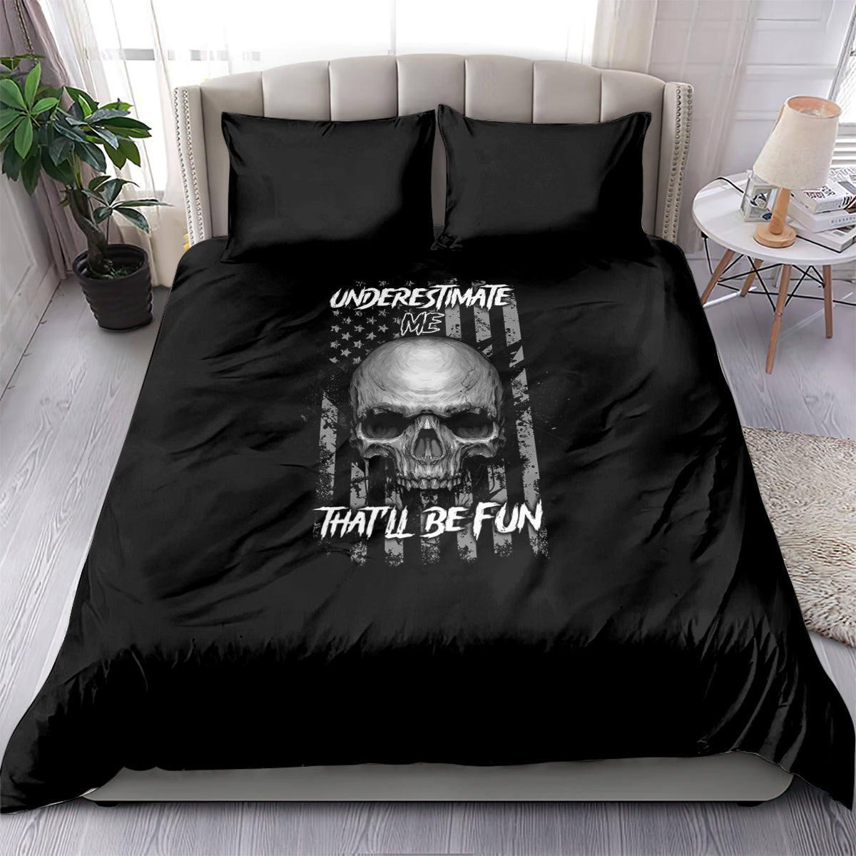 Black bedding set with skull graphic, “UNDERSTIMATE ME” and “THAT’LL BE FUN”