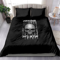 Black bedding set with skull graphic, “UNDERSTIMATE ME” and “THAT’LL BE FUN”